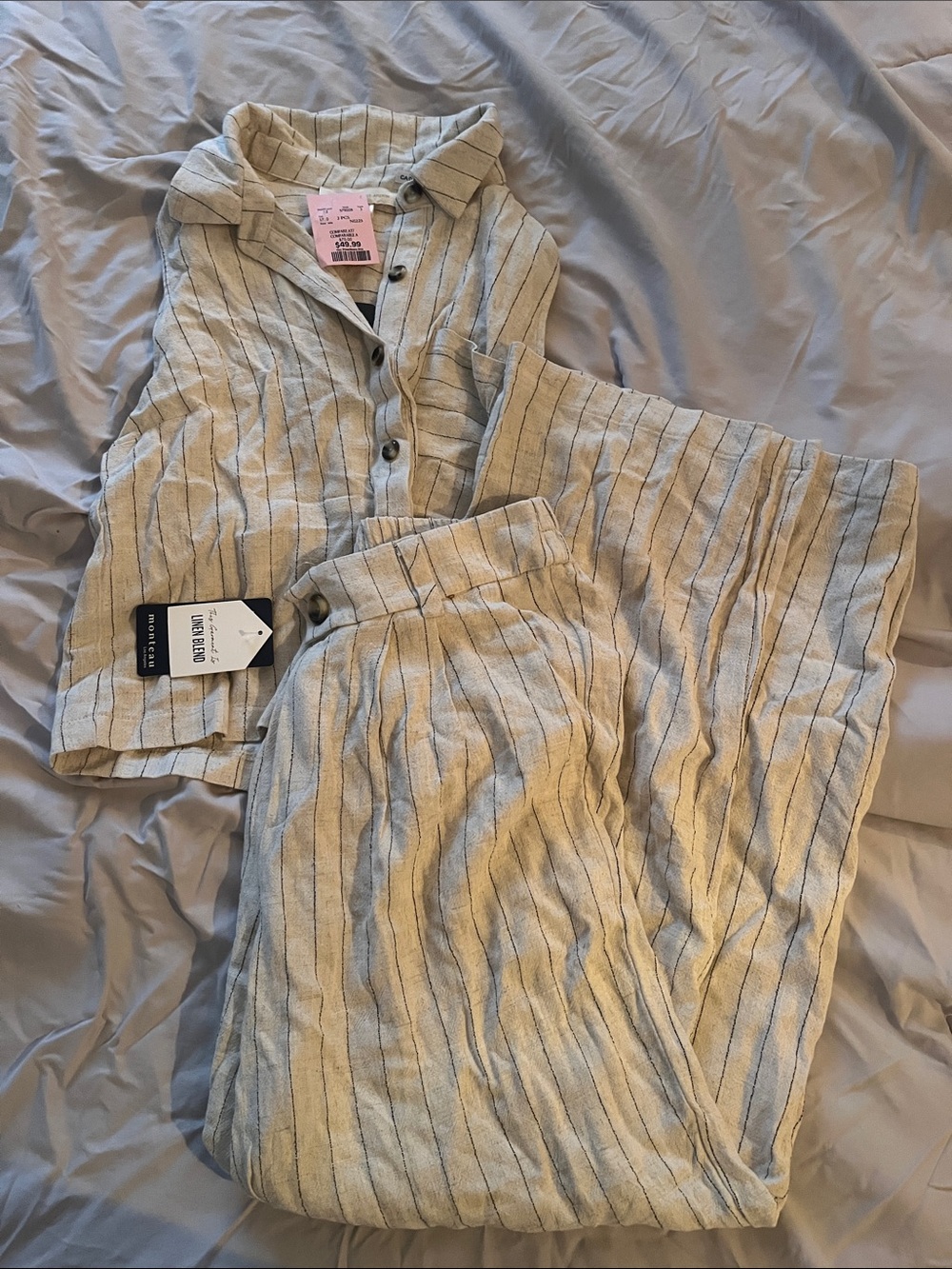 Lightweight Beige Pinstripe Two-Piece Pantsuit by Monteau